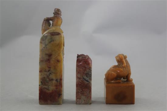 Three Chinese soapstone seals, 6.5 - 12.5cm